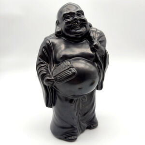 Vintage Laughing Buddha Figurine Statue Budai Hotei Black Ceramic 12" Tall
